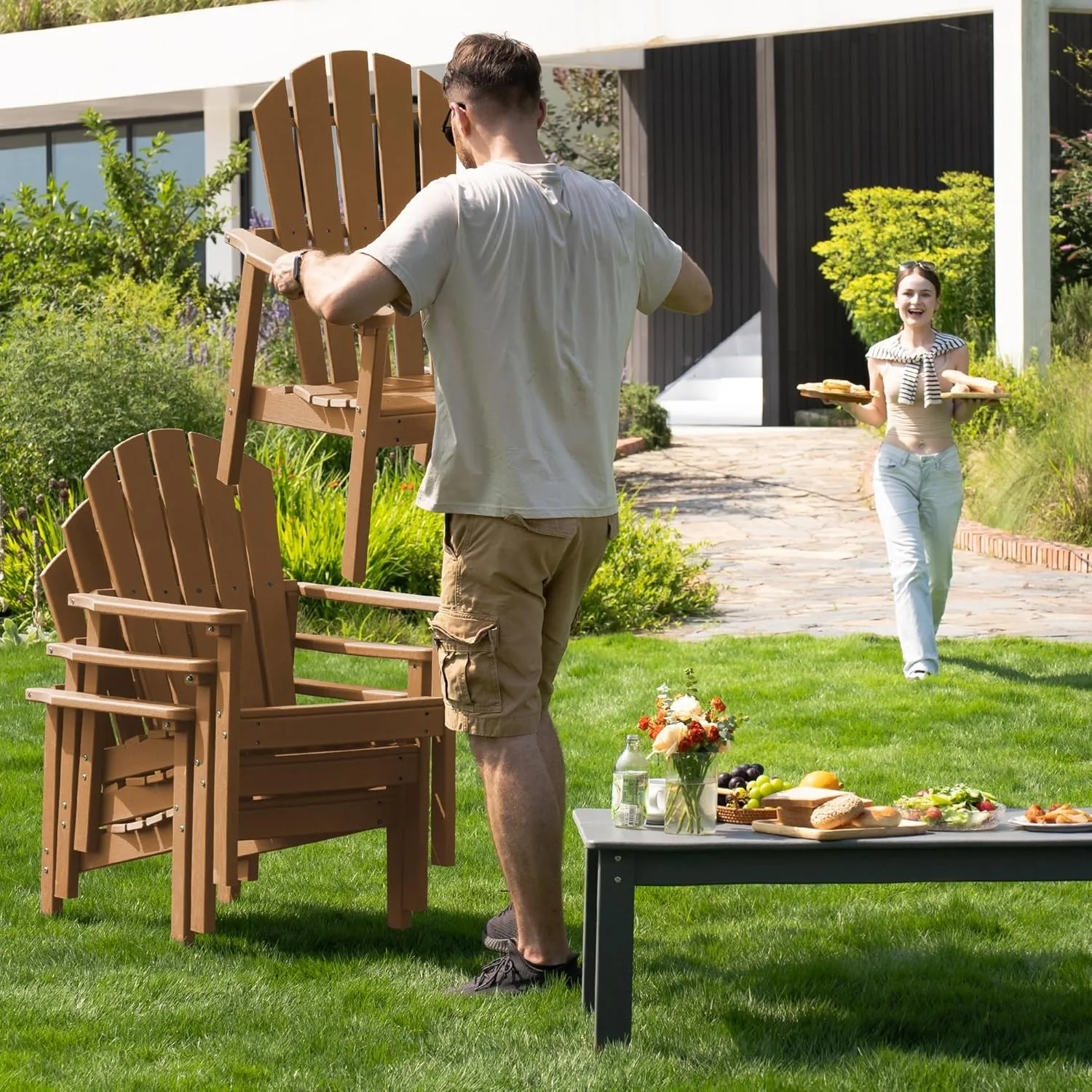 Stackable Adirondack Chair - All-Weather HDPE Outdoor Patio Chair - Durable and Space -Saving Design for Easy Storage - Ideal for Porch, Lawn, or Garden-Teak