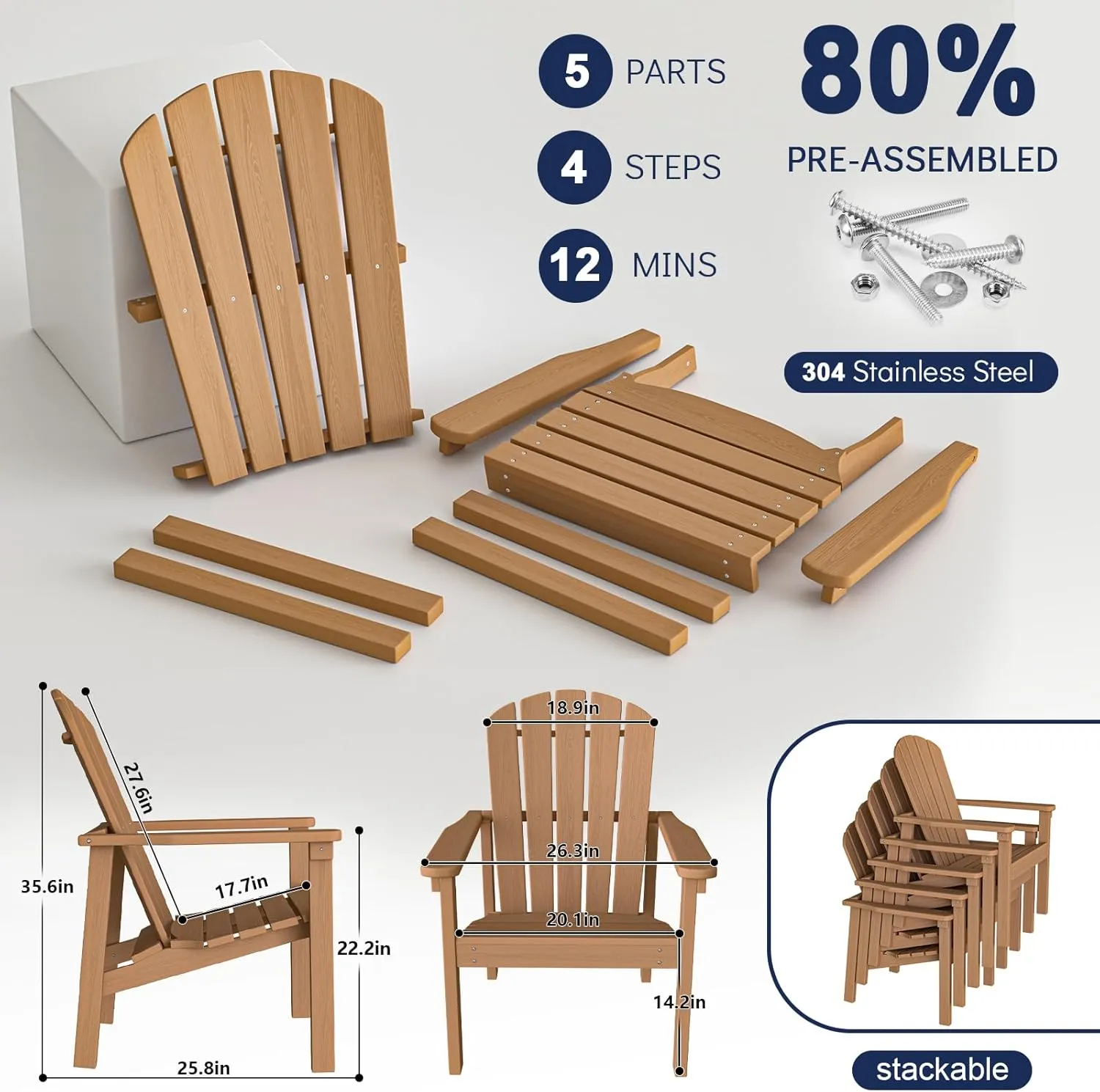 Stackable Adirondack Chair - All-Weather HDPE Outdoor Patio Chair - Durable and Space -Saving Design for Easy Storage - Ideal for Porch, Lawn, or Garden-Teak