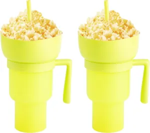 Stadium Tumbler with Snack Bowl - 2 In 1 Snack Tumbler with Straw,Portable Stadium Cups Snack Cup,Reusable Snack and Drink Cup for Adults, Kids (Yellow -2pcs)