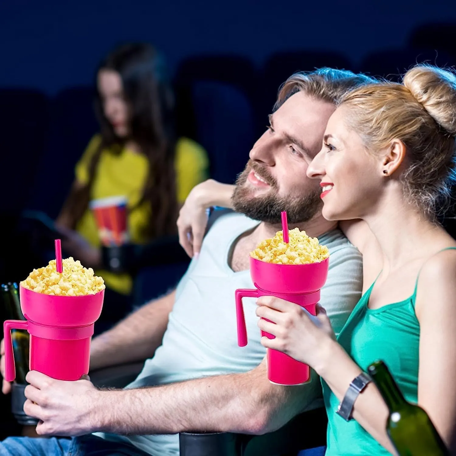 Stadium Tumbler with Snack Bowl - 2 In 1 Snack Tumbler with Straw,Portable Stadium Cups Snack Cup,Reusable Snack and Drink Cup for Adults, Kids (Yellow -2pcs)
