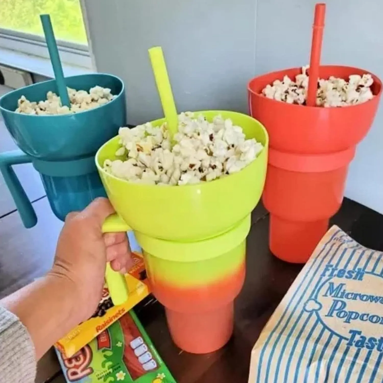 Stadium Tumbler with Snack Bowl - 2 In 1 Snack Tumbler with Straw,Portable Stadium Cups Snack Cup,Reusable Snack and Drink Cup for Adults, Kids (Yellow -2pcs)