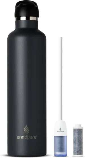 Stainless Steel Filtering Water Bottle with Straw | Reusable, Ceramic Coating, Double Insulation, BPA Free | Filter Lasts 3 Months or 50 gal | Sustainable Using Coffee Grounds (Grey, 34oz)