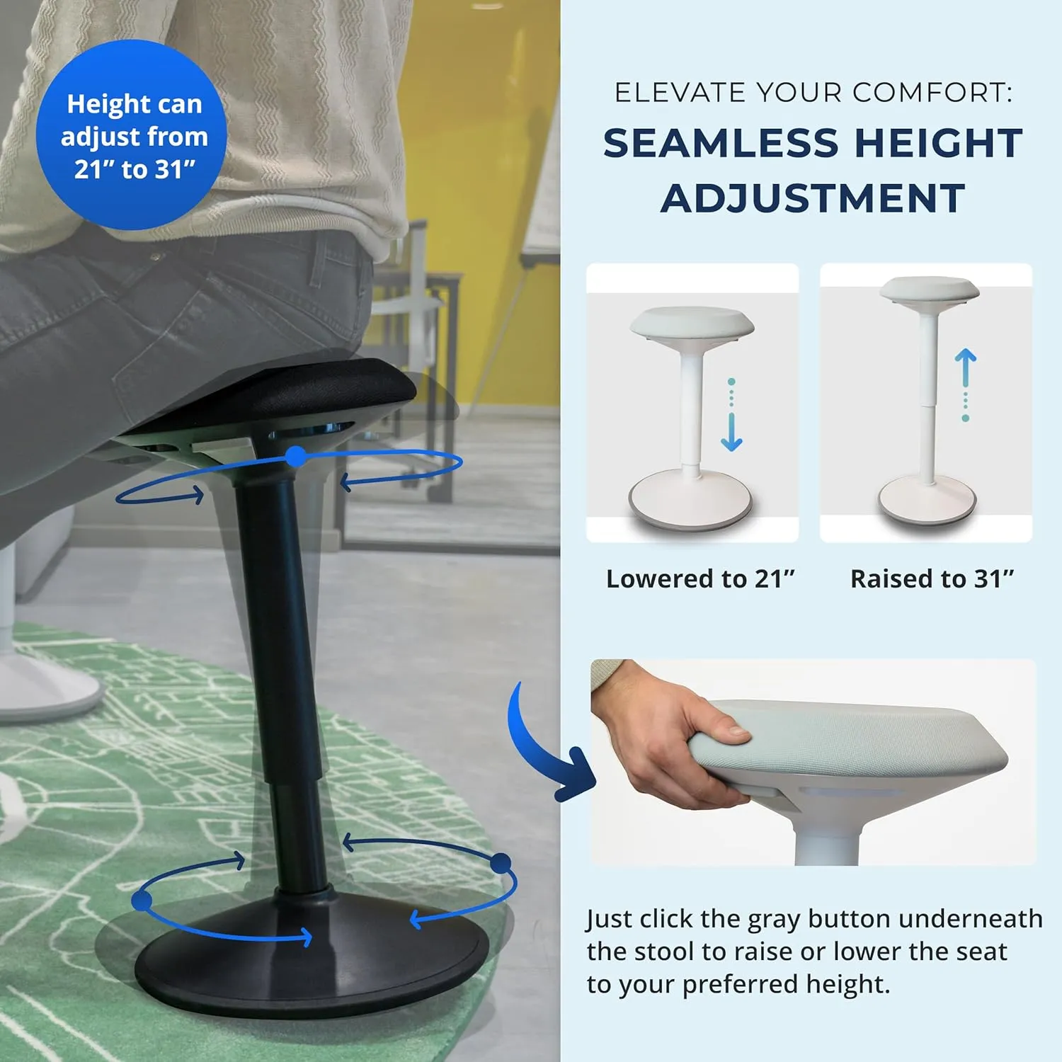 Standing Desk Stool Chair, Height Adjustable Stool 21-31 inch for Office and Classroom, Swivel Stool, Anti-Slip Bottom Ergonomic Wobble Stool with Rocking Motion, White