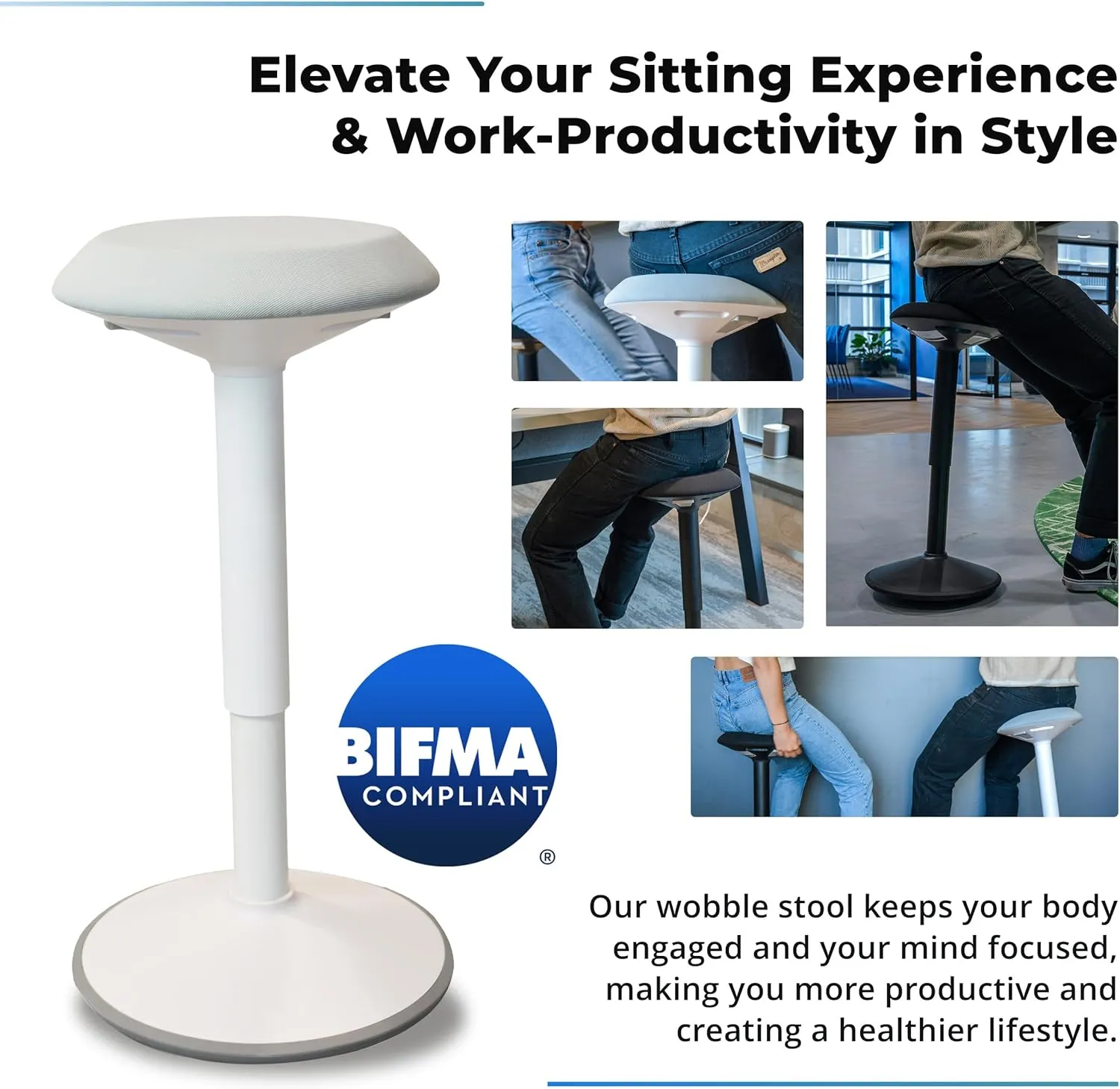 Standing Desk Stool Chair, Height Adjustable Stool 21-31 inch for Office and Classroom, Swivel Stool, Anti-Slip Bottom Ergonomic Wobble Stool with Rocking Motion, White