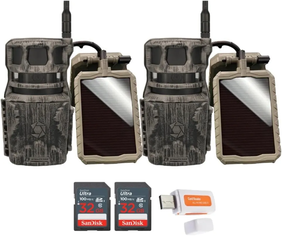 Stealth Cam Revolver 36MP 360-Degree Cellular Trail Camera (2-Pack) Bundle with Stealth Cam Sol-Pak 5000mAh Solar Battery (2-Pack), 32GB Memory Card (2-Pack), and Card Reader (7 Items)