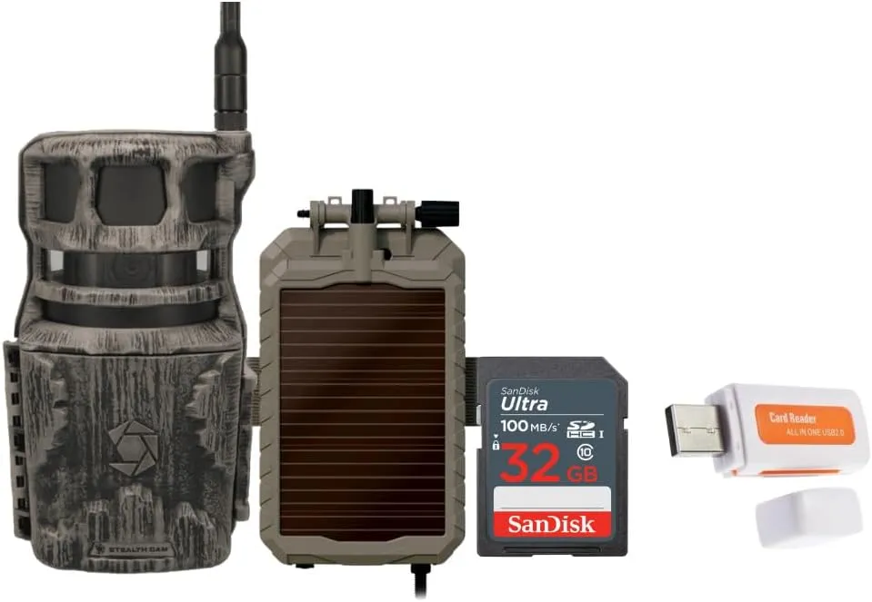 Stealth Cam Revolver 36MP 360-Degree Cellular Trail Camera Bundle with Lithium Solar Power Panel, 32GB Ultra SDHC UHS-I Memory Card, and SD USB 2.0 Card Reader (4 Items)
