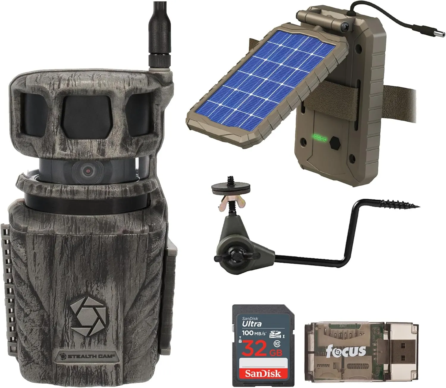 Stealth Cam Revolver 36MP 360-Degree Cellular Trail Camera with 1/4-Inch Threaded Mount Bundle Solar Power Panel, Camera Holder (2-Pack), 32GB Memory Card and Card Reader (6 Items)