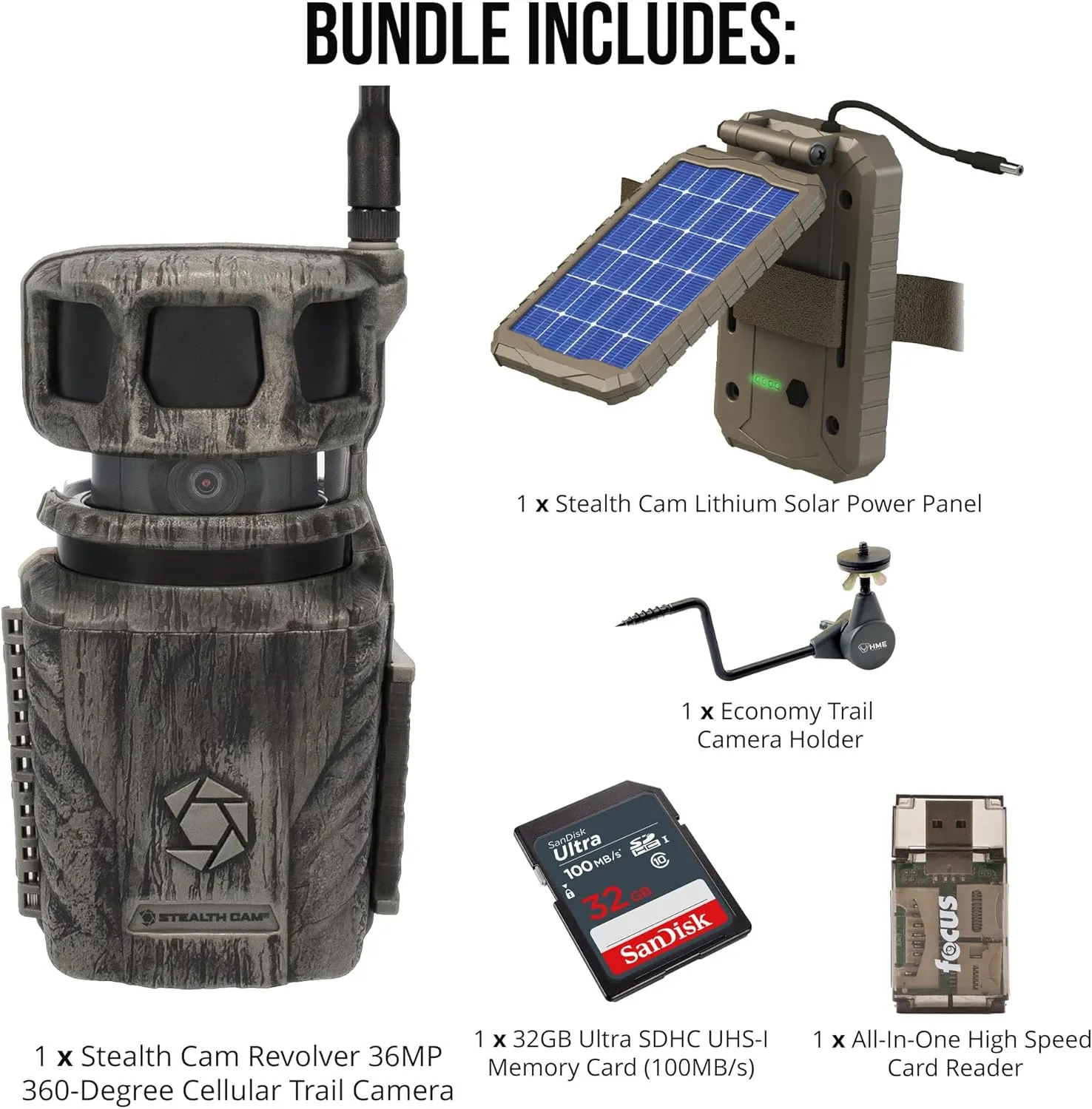 Stealth Cam Revolver 36MP 360-Degree Cellular Trail Camera with 1/4-Inch Threaded Mount Bundle Solar Power Panel, Camera Holder (2-Pack), 32GB Memory Card and Card Reader (6 Items)