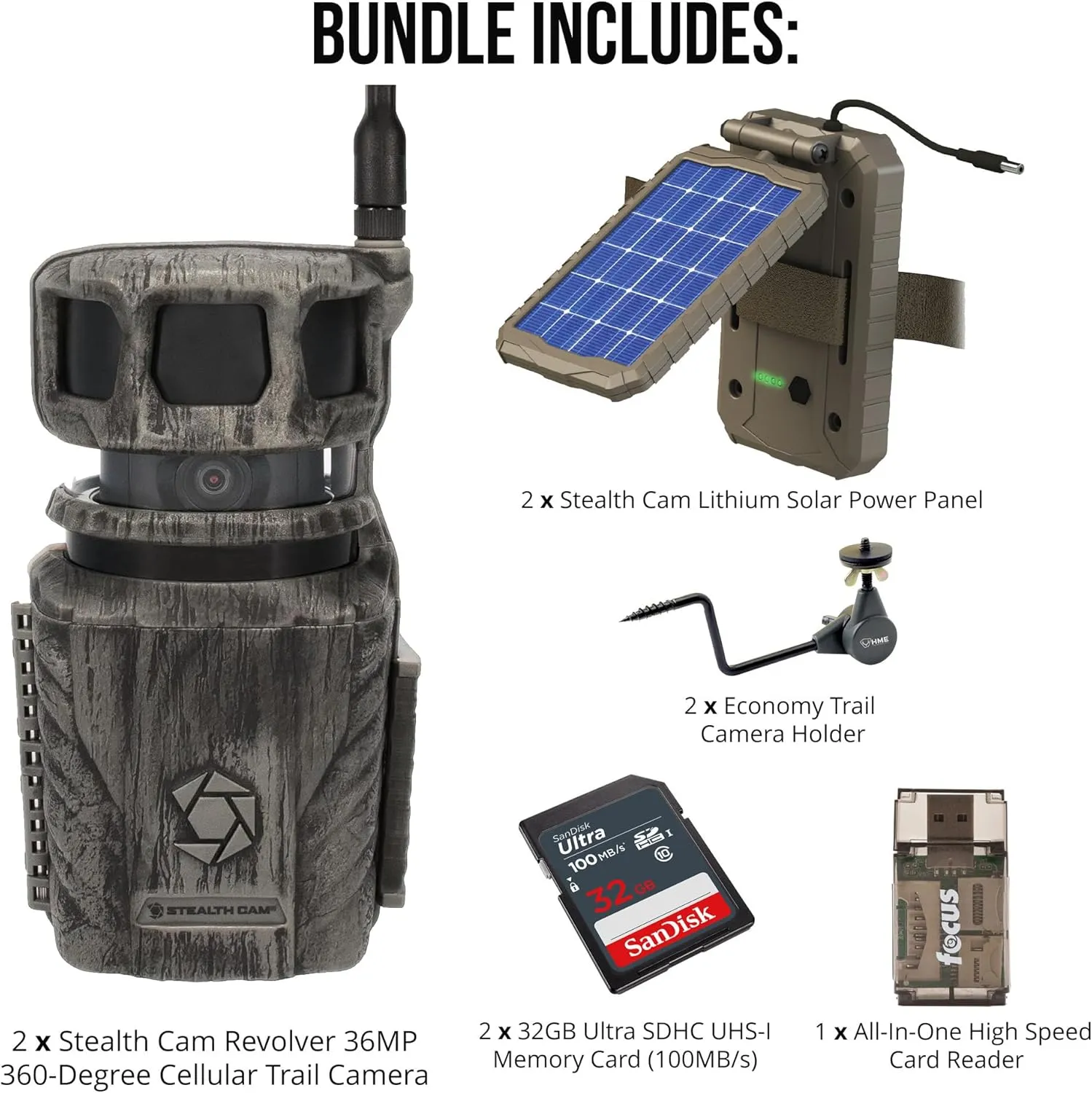 Stealth Cam Revolver 36MP Pro 360 Degree Cellular Trail Camera with Solar Battery Camera Holder 32GB Memory Cards and Card Reader (2 Pack)