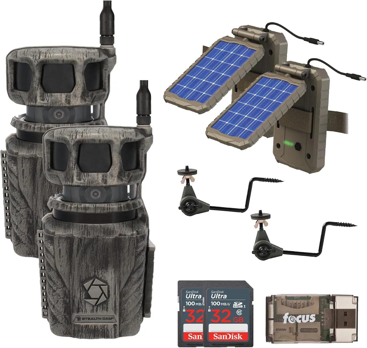 Stealth Cam Revolver 36MP Pro 360 Degree Cellular Trail Camera with Solar Battery Camera Holder 32GB Memory Cards and Card Reader (2 Pack)