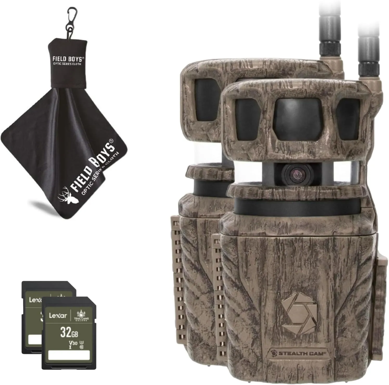 Stealth Cam Revolver 36MP Trail Camera with 1080P HD Video at 30 FPS, 0.4 Sec Trigger Speed, 360° Panoramic View, Built-in GPS, Verizon/AT&T Cellular (2pk), 32GB SD Cards, & Microfiber Cleaning Cloth