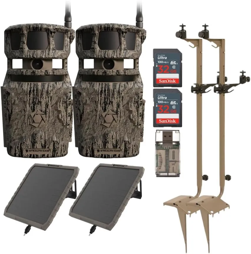 Stealth Cam Revolver 40MP Pro 360-Degree Cellular Trail Camera (2-Pack) Bundle with Mounting Post (2-Pack), Solar Battery Pack (2-Pack), 32GB Memory Card (2-Pack), and SD Card Reader (9 Items)