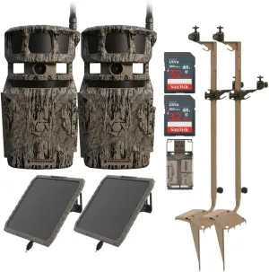 Stealth Cam Revolver 40MP Pro 360-Degree Cellular Trail Camera (2-Pack) Bundle with Mounting Post (2-Pack), Solar Battery Pack (2-Pack), 32GB Memory Card (2-Pack), and SD Card Reader (9 Items)