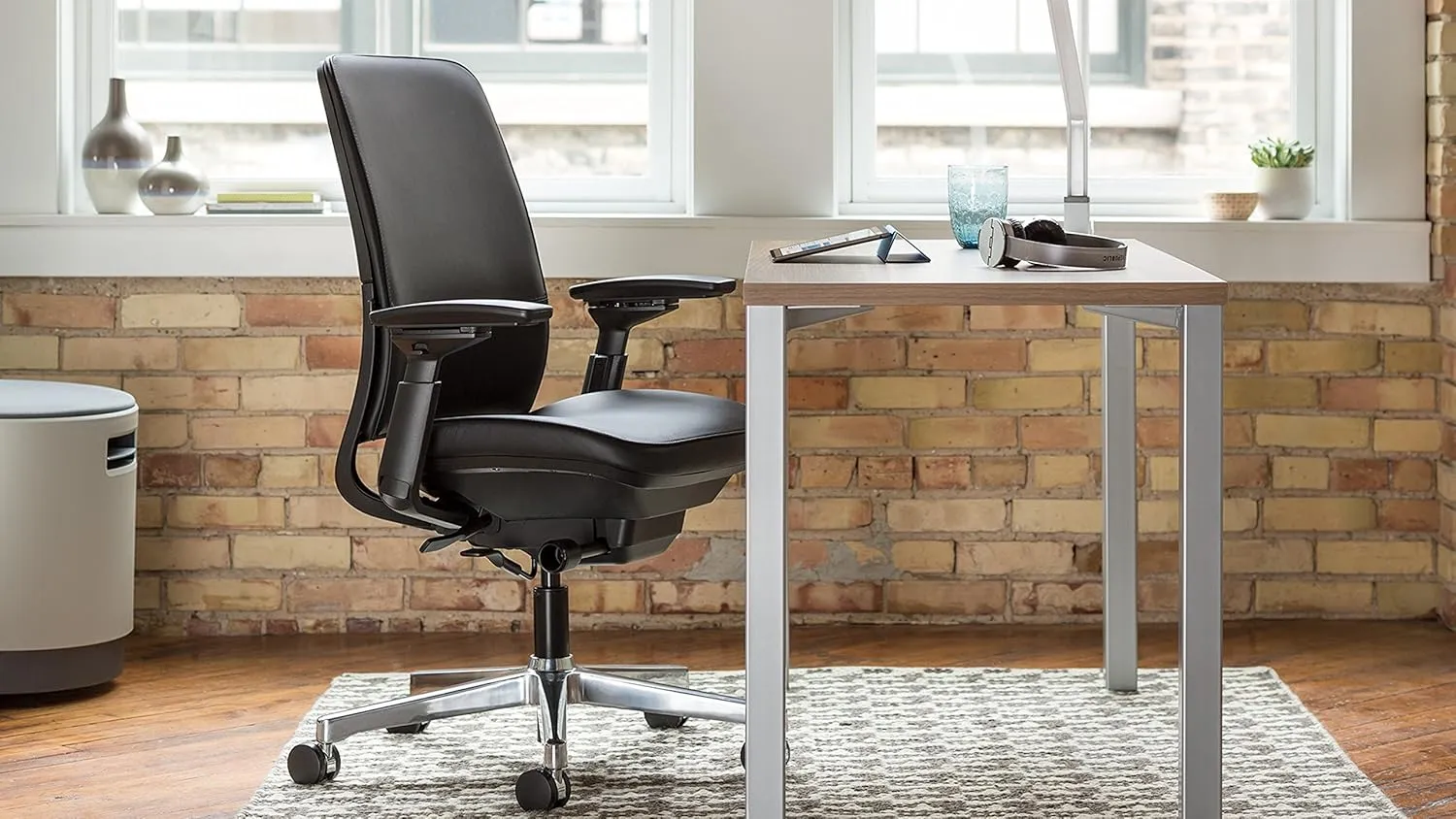 Steelcase Amia Task Chair: Black Frame/Polished Aluminum Base - 4 Way Adjustable Arms - Standard Carpet Casters