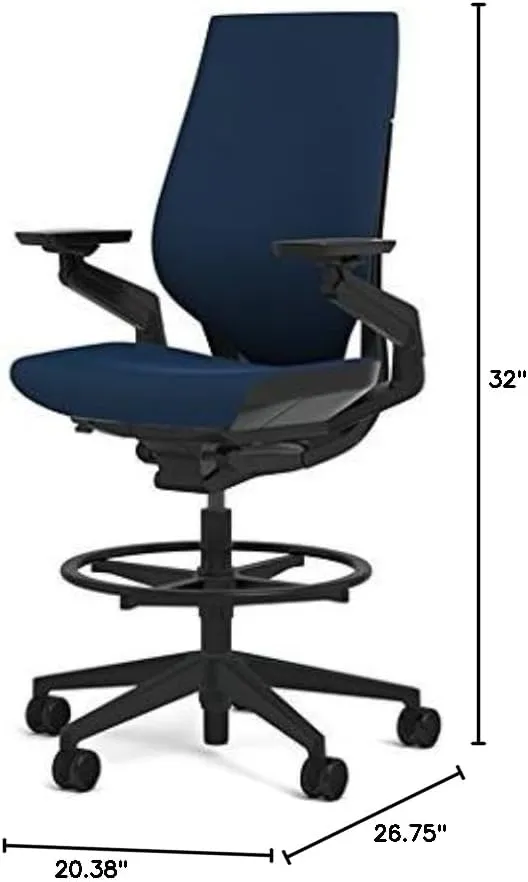 Steelcase Gesture 442 Stool Chair - Cogent: Connect Blueprint Fabric, Wrapped Back, Dark on Dark Frame, Wheels for Hard Flooring