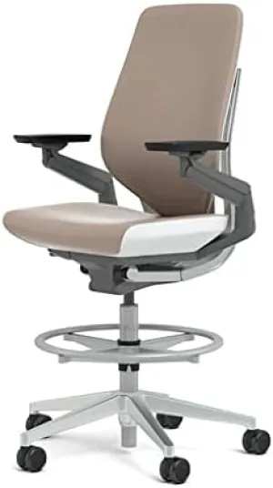Steelcase Gesture 442 Stool Chair - Mica Elmosoft Leather, Wrapped Back, Light on Light Frame, Wheels for Hard Flooring