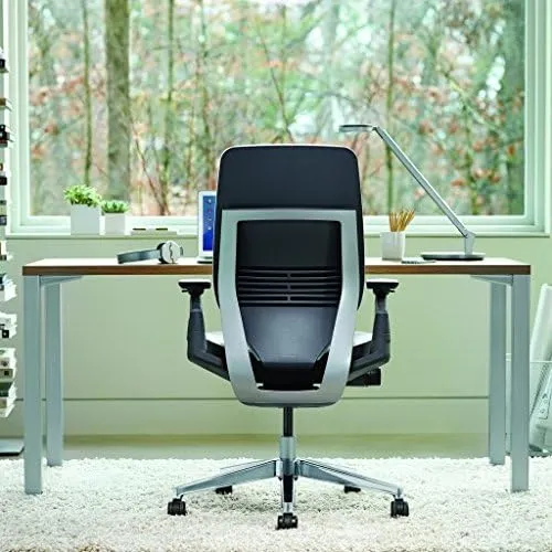 Steelcase Gesture Office Chair - Buzz2 Black Upholstered Wrapped Back Platinum Metallic Frame Medium Seat Light Seagull Seat/Back Dark Merle Arms (Light/Light) Hard Floor Caster Wheels