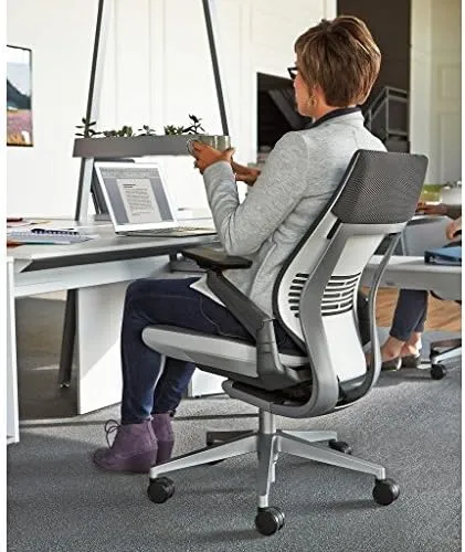 Steelcase Gesture Office Chair - Buzz2 Black Upholstered Wrapped Back Platinum Metallic Frame Medium Seat Light Seagull Seat/Back Dark Merle Arms (Light/Light) Hard Floor Caster Wheels