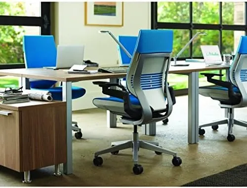 Steelcase Gesture Office Chair - Buzz2 Black Upholstered Wrapped Back Platinum Metallic Frame Medium Seat Light Seagull Seat/Back Dark Merle Arms (Light/Light) Hard Floor Caster Wheels