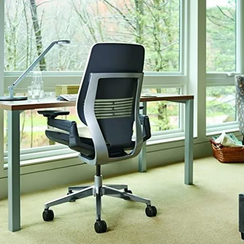 Steelcase Gesture Office Chair - Buzz2 Black Upholstered Wrapped Back Platinum Metallic Frame Medium Seat Light Seagull Seat/Back Dark Merle Arms (Light/Light) Hard Floor Caster Wheels