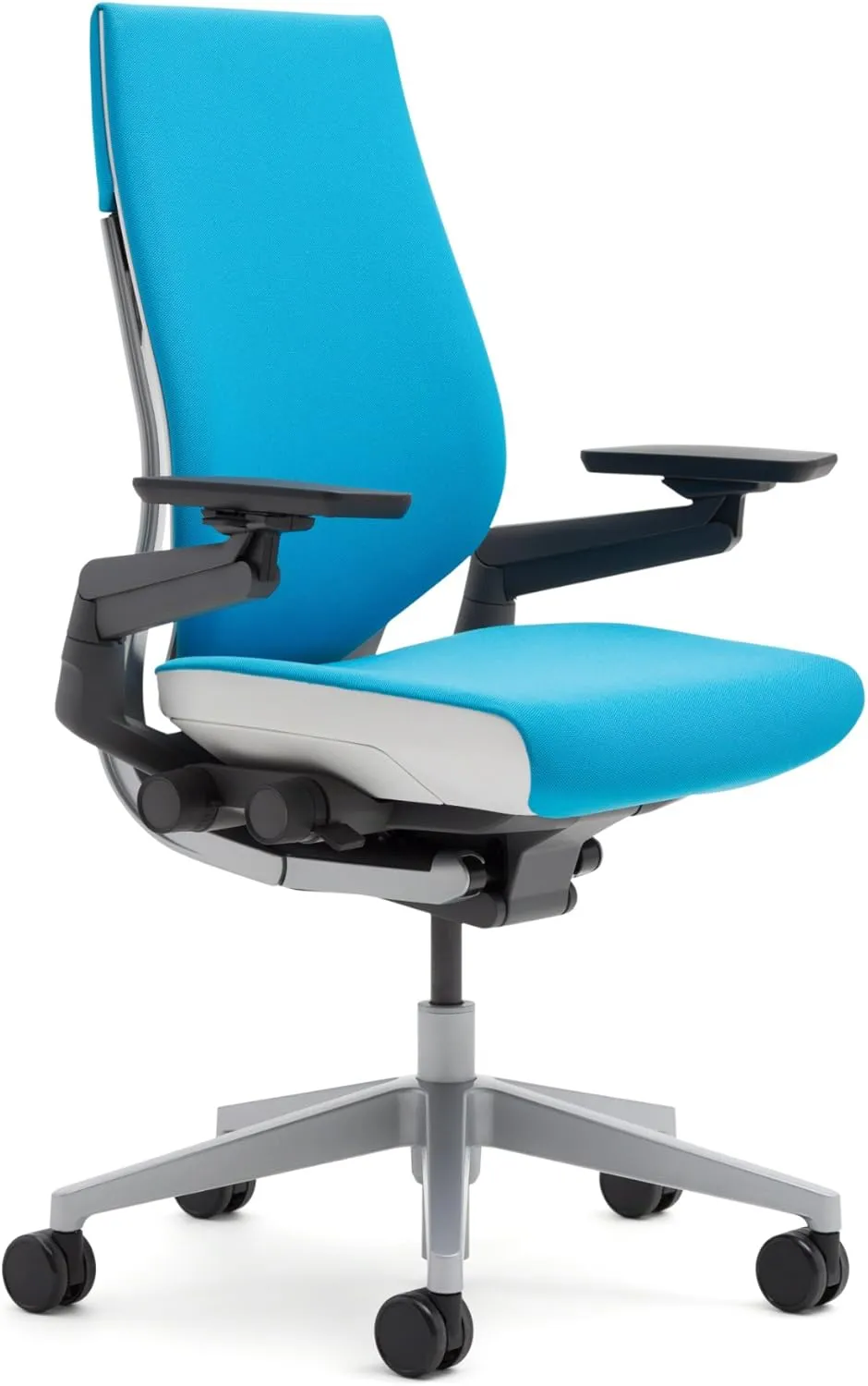 Steelcase Gesture Office Chair - Buzz2 Blue Upholstered Wrapped Back Black Frame High Seat Black Seat/Back/Arms Hard Floor Caster Wheels