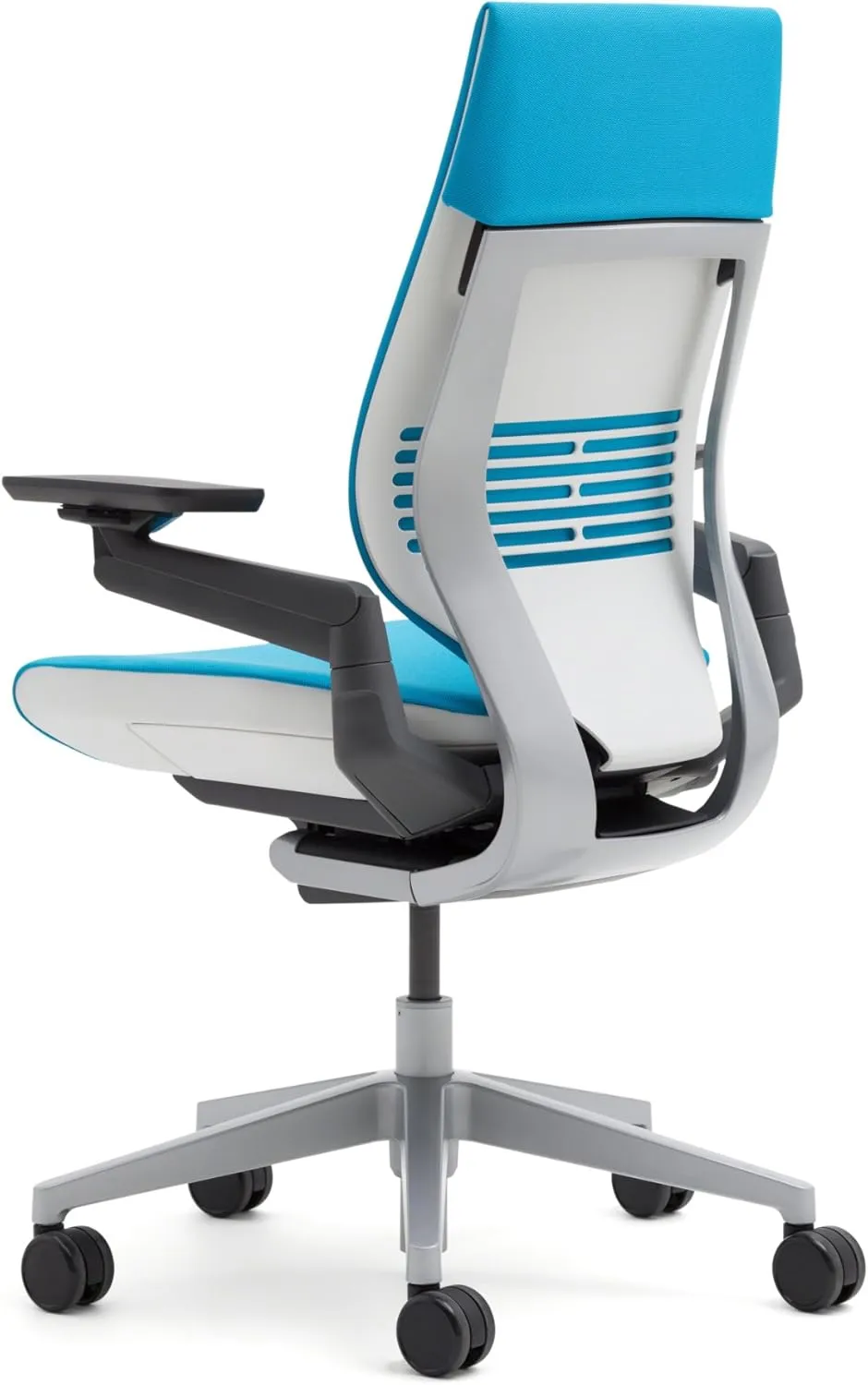Steelcase Gesture Office Chair - Buzz2 Blue Upholstered Wrapped Back Black Frame High Seat Black Seat/Back/Arms Hard Floor Caster Wheels