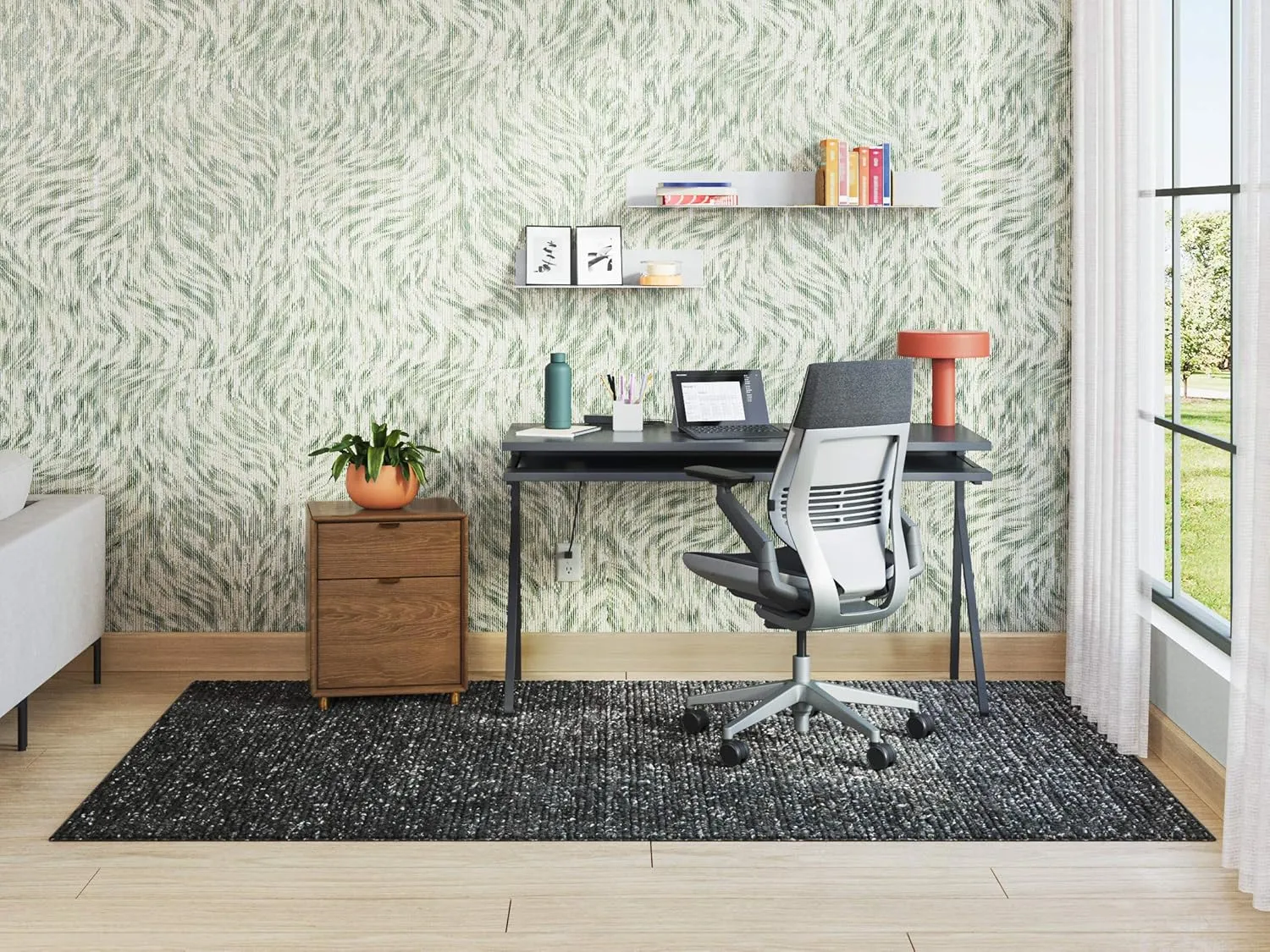 Steelcase Gesture Office Chair - Cogent: Connect Graphite Fabric, Medium Seat Height, Wrapped Back, Black on Black Frame, and Standard Carpet Casters