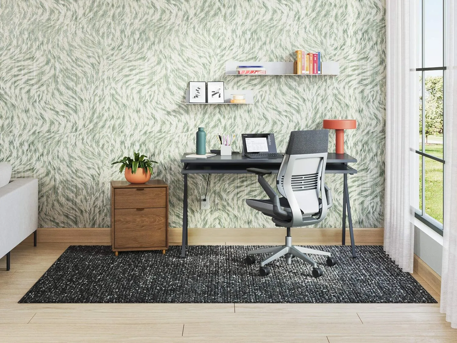 Steelcase Gesture Office Chair - Era Blue Nickel Fabric, High Seat Height, Wrapped Back, Light on Dark Frame, Lumbar Support, and Hard Floor Casters
