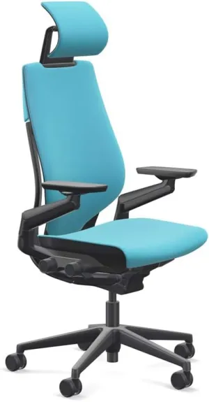 Steelcase Gesture Office Desk Chair with Headrest Cogent Connect Blue Jay Fabric Standard Black Frame Hard Floor Casters