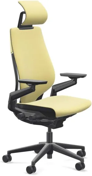 Steelcase Gesture Office Desk Chair with Headrest Cogent Connect Canary Yellow Fabric Standard Black Frame Hard Floor Casters