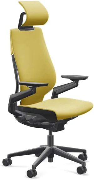 Steelcase Gesture Office Desk Chair with Headrest, Cogent Connect Green Citrine 5SD5 Fabric, High Seat Height, Light on Dark Frame, Lumbar Support, and Standard Carpet Casters
