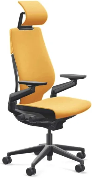Steelcase Gesture Office Desk Chair with Headrest, Cogent Connect Turmeric Honey 5S16 Fabric, Medium Seat Height, Light on Dark Frame, Lumbar Support, and Standard Carpet Casters
