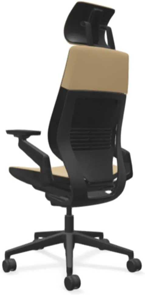 Steelcase Gesture Office Desk Chair with Headrest in Elmosoft Genuine Chamois L144 Leather Plus Lumbar Support High Black Frame wth Soft Hard Floor Casters