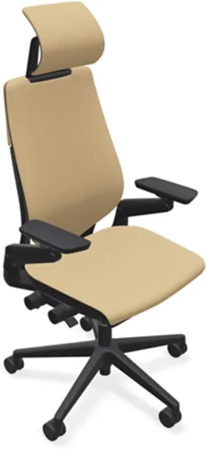 Steelcase Gesture Office Desk Chair with Headrest in Elmosoft Genuine Chamois L144 Leather Plus Lumbar Support High Black Frame wth Soft Hard Floor Casters