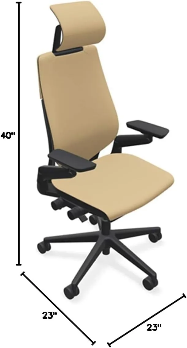 Steelcase Gesture Office Desk Chair with Headrest in Elmosoft Genuine Chamois L144 Leather Plus Lumbar Support High Black Frame wth Soft Hard Floor Casters