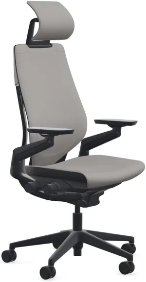 Steelcase Gesture Office Desk Chair with Headrest in Elmosoft Genuine Dove Grey L115 Leather Plus Lumbar Support Black Frame