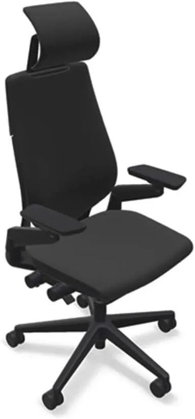 Steelcase Gesture Office Desk Chair with Headrest in Elmosoft Genuine Ebony L112 Leather Plus Lumbar Support Black Frame