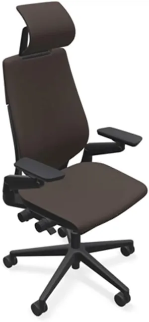 Steelcase Gesture Office Desk Chair with Headrest in Elmosoft Genuine Espresso L133 Leather Plus Lumbar Support High Black Frame wth Soft Hard Floor Casters