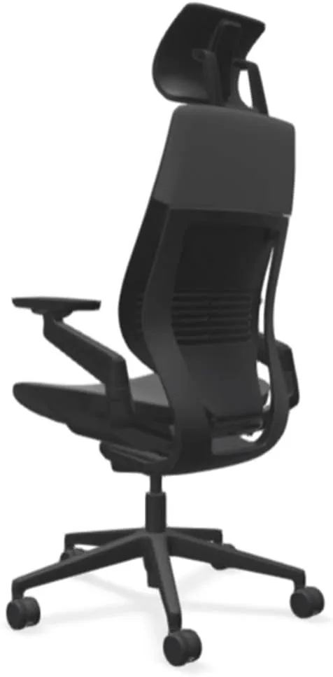 Steelcase Gesture Office Desk Chair with Headrest in Elmosoft Genuine Gunmetal L113 Leather Plus Lumbar Support Black Frame