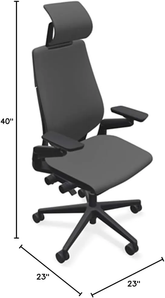 Steelcase Gesture Office Desk Chair with Headrest in Elmosoft Genuine Gunmetal L113 Leather Plus Lumbar Support Black Frame
