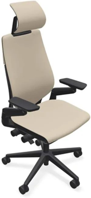 Steelcase Gesture Office Desk Chair with Headrest in Elmosoft Genuine Mica L114 Leather Plus Lumbar Support Black Frame
