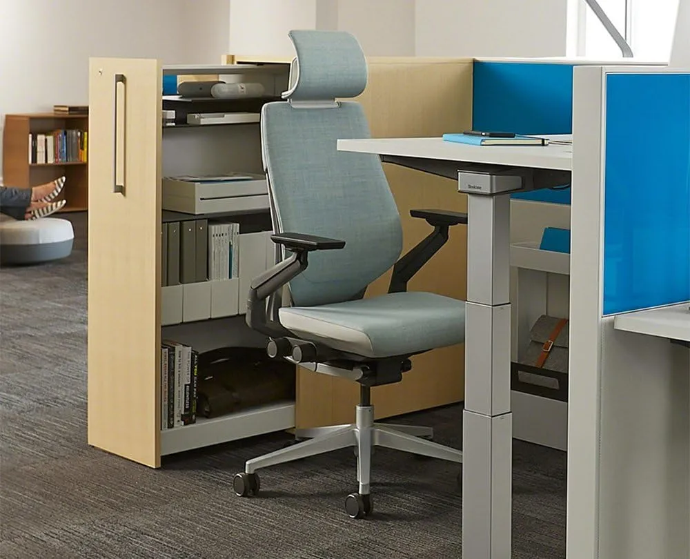 Steelcase Gesture Office Desk Chair with Headrest Plus Lumbar Support Bo Peep Bone Fabric High Platinum Metallic Frame (Light/Light) Hard Floor Casters