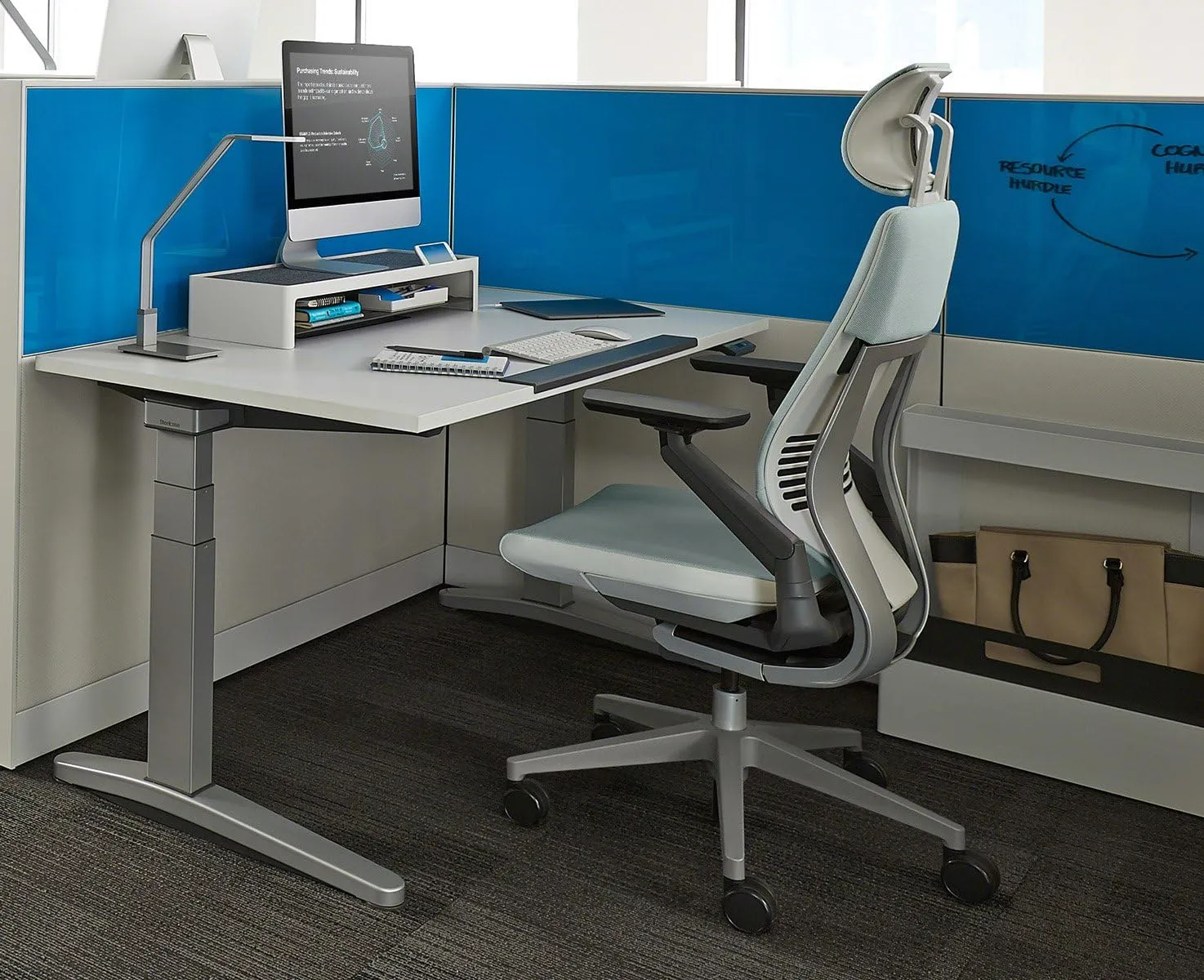 Steelcase Gesture Office Desk Chair with Headrest Plus Lumbar Support Bo Peep Bone Fabric High Platinum Metallic Frame (Light/Light) Hard Floor Casters