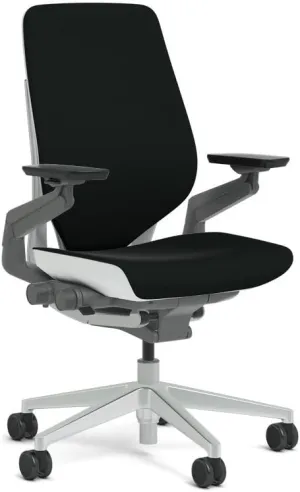 Steelcase Gesture Task Chair: Shell Back - Platinum Metallic Frame/Base/Seagull Accent - Adjustable Lumbar Support - Roll Control Hard Floor Casters