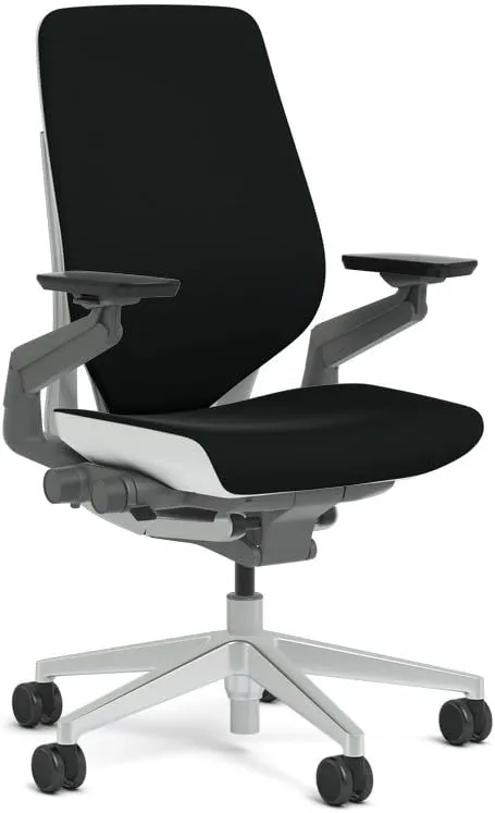 Steelcase Gesture Task Chair: Shell Back - Platinum Metallic Frame/Base/Seagull Accent - Adjustable Lumbar Support - Roll Control Hard Floor Casters