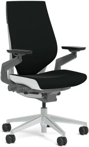 Steelcase Gesture Task Chair: Wrapped Back - Platinum Metallic Frame - Adjustable Lumbar Support - Glides (Licorice)