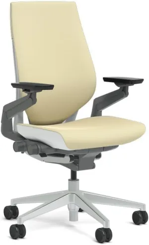 Steelcase Gesture Task Chair: Wrapped Back - Platinum Metallic Frame/Base/Seagull Accent - Adjustable Lumbar Support - Roll Control Hard Floor Casters