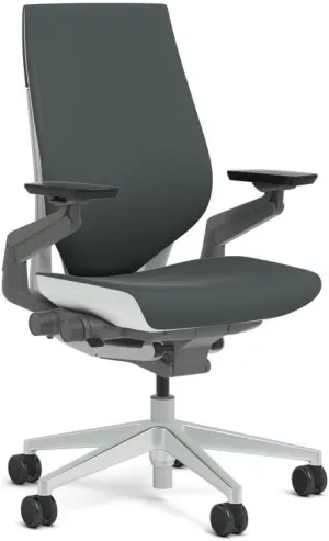 Steelcase Gesture Task Chair: Wrapped Back - Platinum Metallic Frame/Base/Seagull Accent - Adjustable Lumbar Support - Standard Carpet Casters