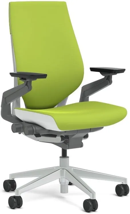 Steelcase Gesture Task Chair: Wrapped Back - Platinum Metallic Frame/Base/Seagull Accent - Adjustable Lumbar Support - Standard Carpet Casters