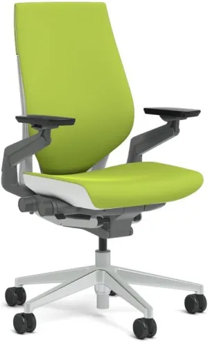 Steelcase Gesture Task Chair: Wrapped Back - Platinum Metallic Frame/Base/Seagull Accent - Adjustable Lumbar Support - Standard Carpet Casters